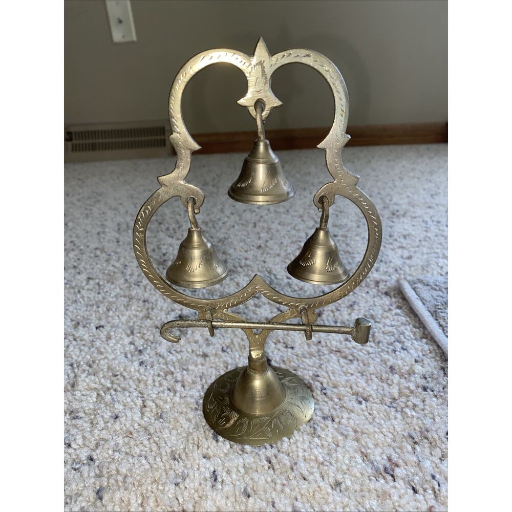 Vintage Etched Solid Brass Bells Table Gong 3 Bells with Striker India